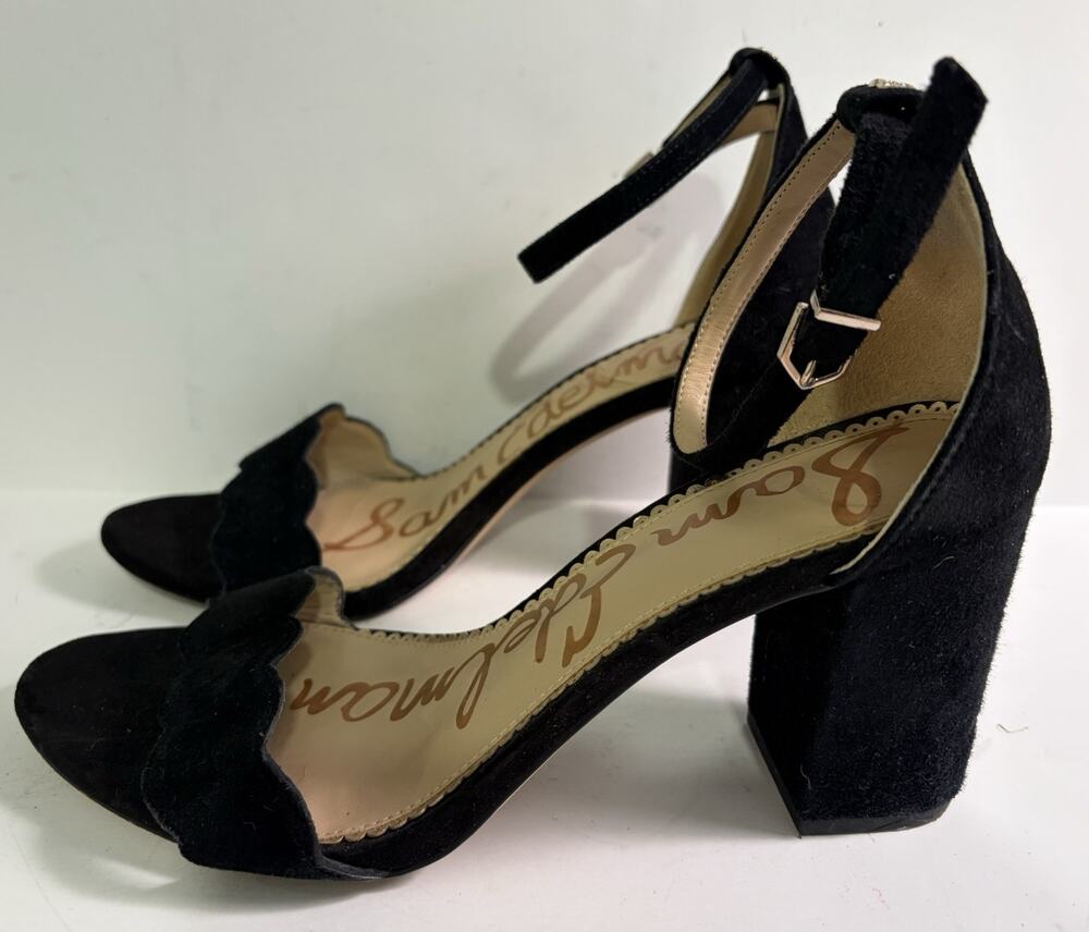 Sam Edelman Odila Black Suede Scalloped Block Heel Sandals | Size US 9M/EU 39